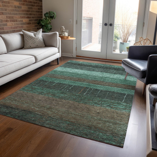 8' X 10' Teal Blue And Taupe Striped Washable Indoor Outdoor Area Rug