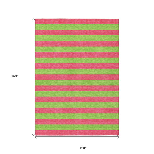 10' X 14' Green and Red Striped Washable Non Skid Indoor Outdoor Area Rug