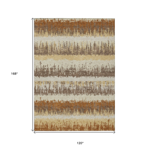 10' X 14' Brown Beige And Ivory Striped Washable Indoor Outdoor Area Rug
