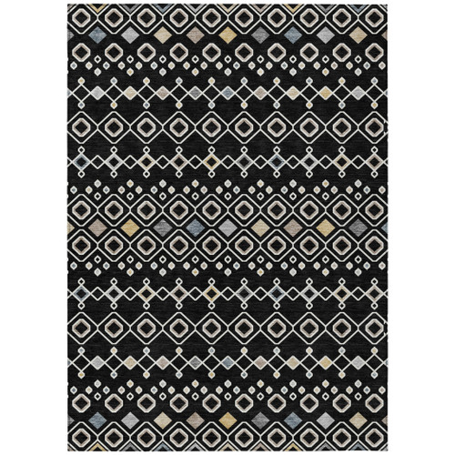 9' X 12' Black Ivory And Blue Geometric Washable Indoor Outdoor Area Rug