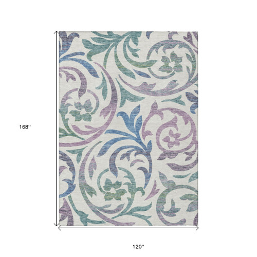 10' X 14' White Purple And Sage Floral Washable Indoor Outdoor Area Rug