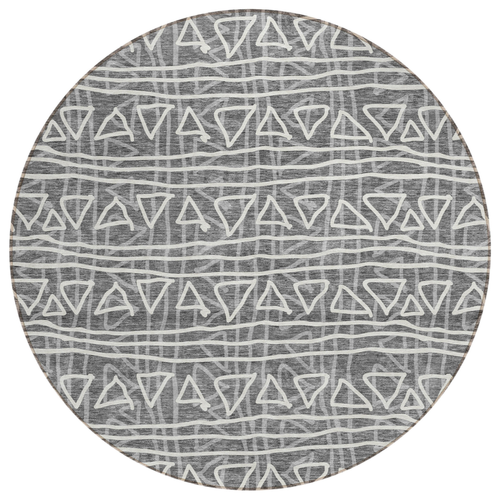 8' Charcoal Gray And Ivory Round Geometric Washable Indoor Outdoor Area Rug