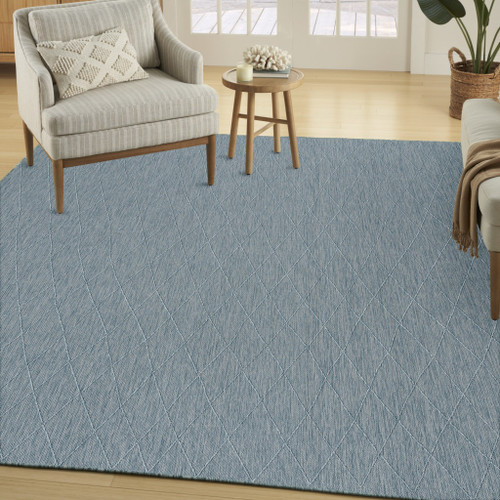 10' X 14' Aqua And Ivory Geometric Indoor Outdoor Area Rug