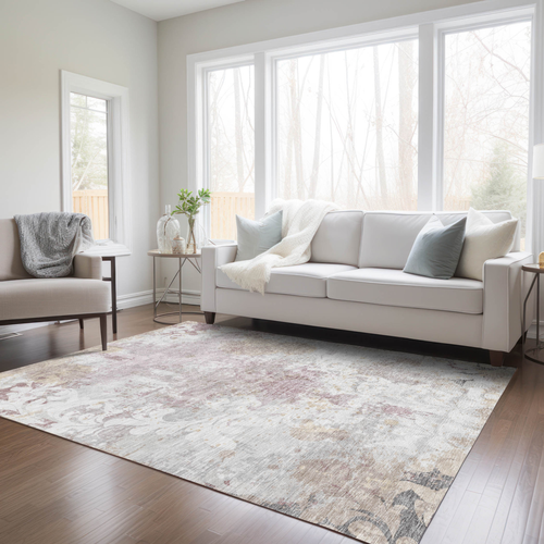 10' X 14' Ivory Light Purple And Gray Damask Washable Indoor Outdoor Area Rug