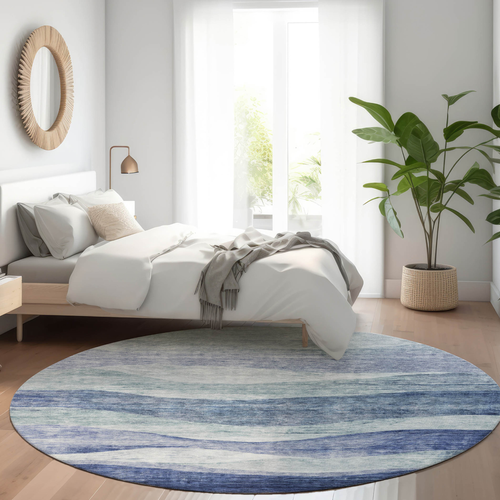 8' Light Blue And Dark Blue Round Abstract Washable Indoor Outdoor Area Rug