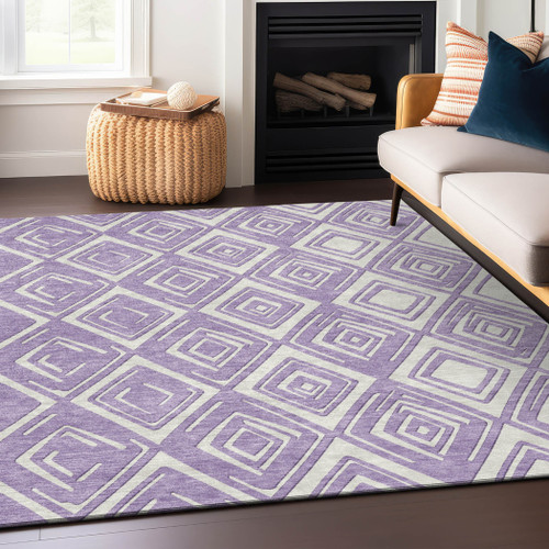 9' X 12' Lavender And Ivory Geometric Washable Indoor Outdoor Area Rug