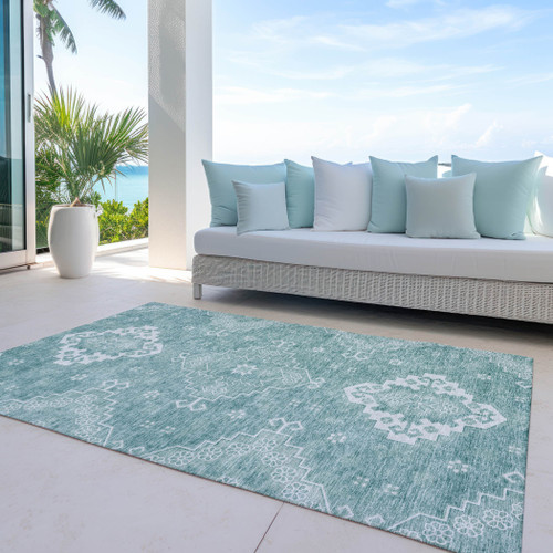 10' X 14' Aqua Teal Blue And Ivory Medallion Washable Indoor Outdoor Area Rug