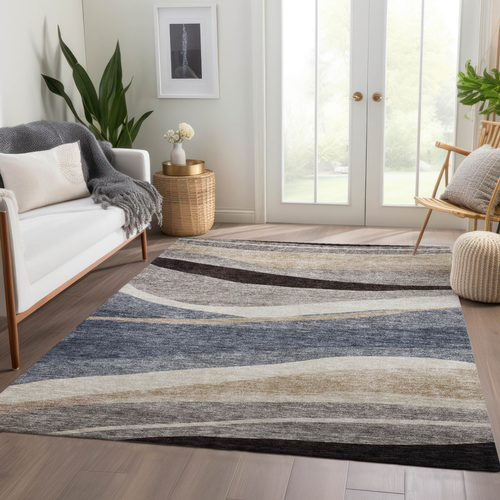 8' X 10' Blue Brown And Beige Abstract Washable Indoor Outdoor Area Rug