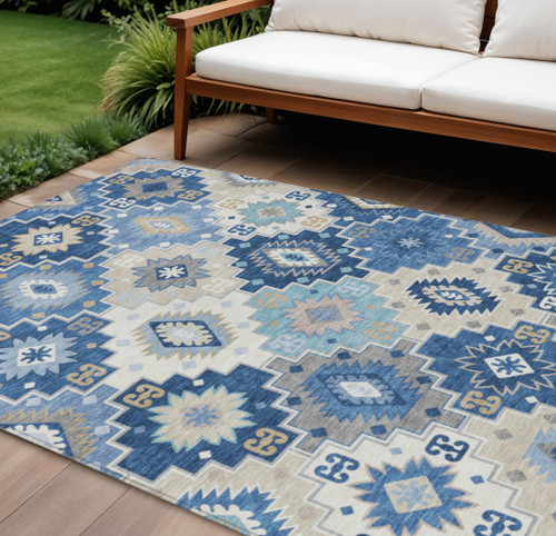 9' X 12' Blue Beige And Sky Blue Southwestern Washable Indoor Outdoor Area Rug