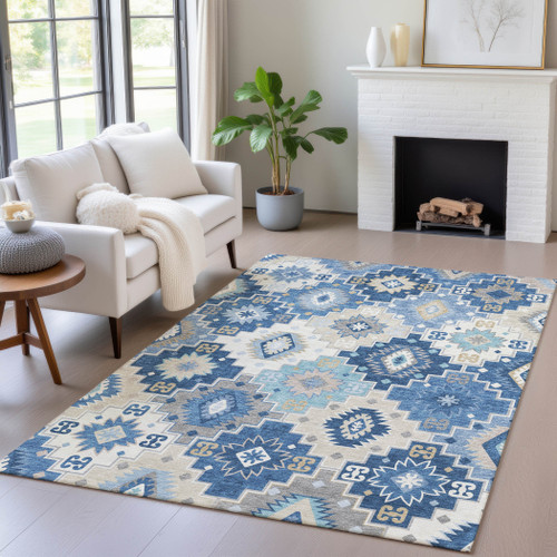 9' X 12' Blue Beige And Sky Blue Southwestern Washable Indoor Outdoor Area Rug