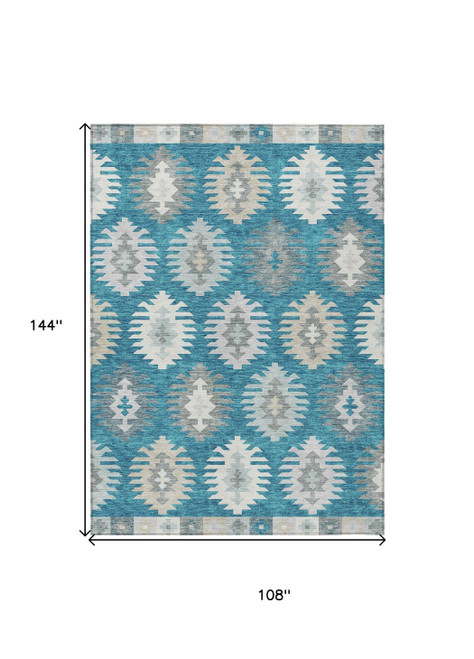9' X 12' Teal Blue Ivory And Gray Southwestern Washable Indoor Outdoor Area Rug