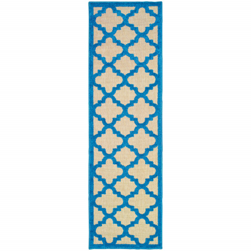 2' X 8' Blue and Beige Geometric Stain Resistant Indoor Outdoor Area Rug