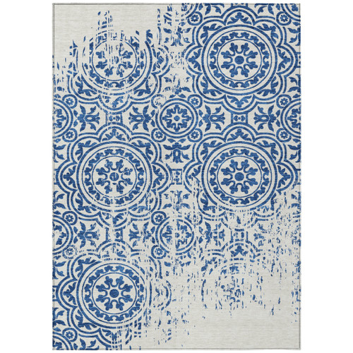 10' X 14' Navy Blue And Ivory Medallion Washable Indoor Outdoor Area Rug