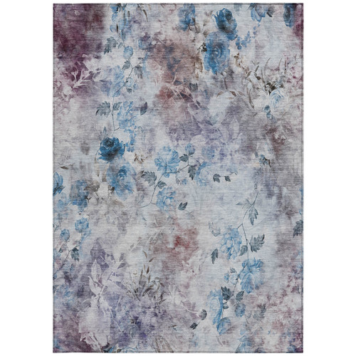 10' X 14' Navy Blue And Sky Blue Floral Washable Indoor Outdoor Area Rug