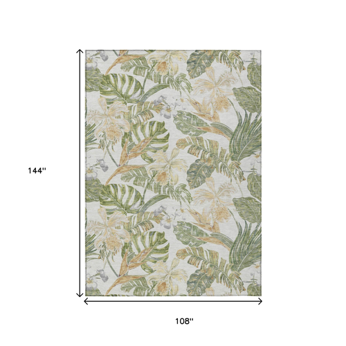 9' X 12' Ivory Wheat And Olive Green Botanical Leaves Washable Indoor Outdoor Area Rug