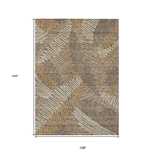 9' X 12' Brown And Ivory Floral Washable Indoor Outdoor Area Rug