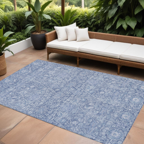 8' X 10' Denim Blue And Ivory Floral Washable Indoor Outdoor Area Rug