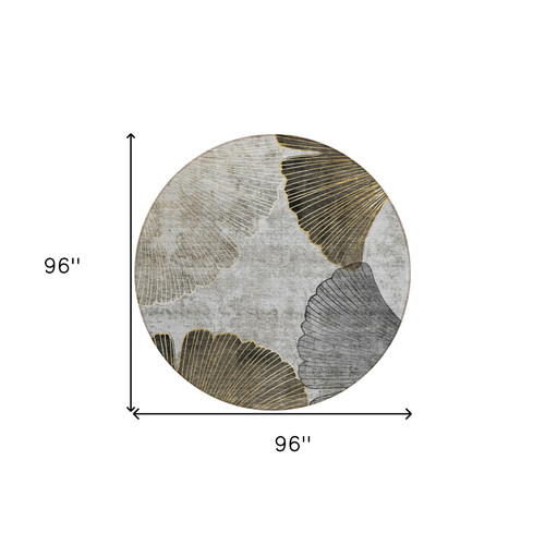 8' Gray Charcoal And Silver Round Floral Washable Indoor Outdoor Area Rug
