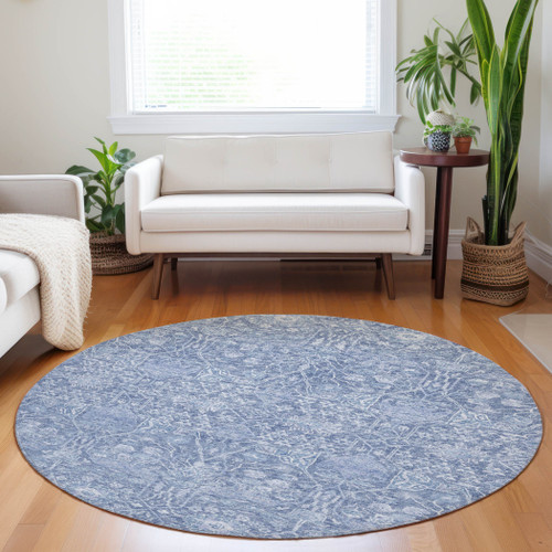 8' Denim Blue And Ivory Round Floral Washable Indoor Outdoor Area Rug