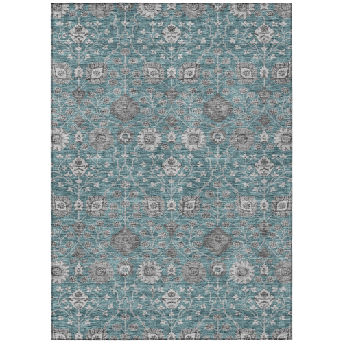 10' X 14' Teal Blue Gray And Charcoal Floral Washable Indoor Outdoor Area Rug