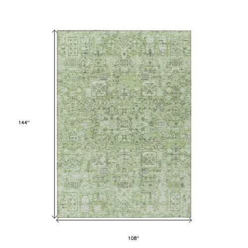 9' X 12' Artichoke Green And Olive Green Floral Washable Indoor Outdoor Area Rug