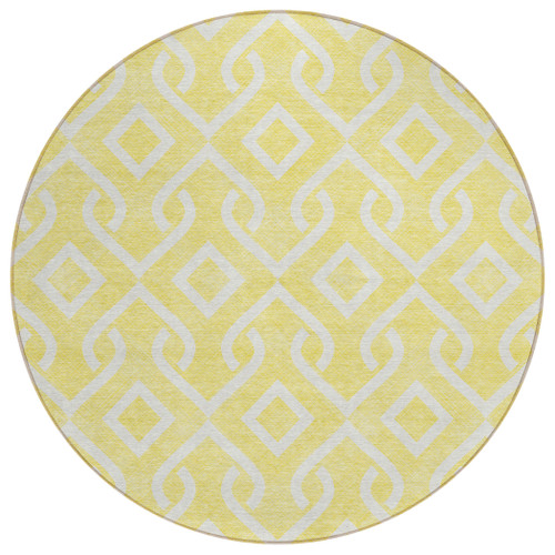 8' Yellow And Ivory Round Geometric Washable Indoor Outdoor Area Rug