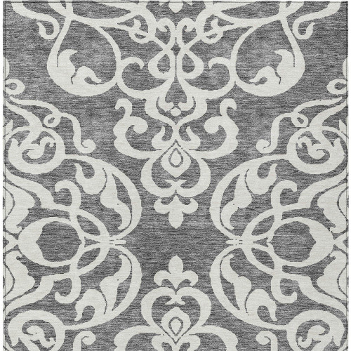 10' X 14' Gray And Ivory Damask Washable Indoor Outdoor Area Rug