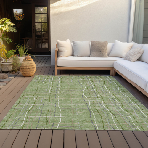 9' X 12' Green Ivory And Gray Striped Washable Indoor Outdoor Area Rug