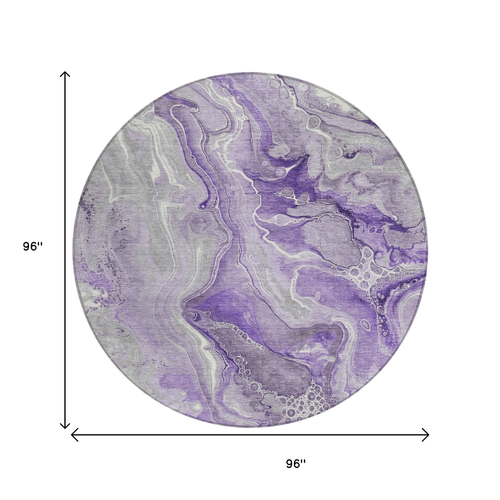 8' Purple And Ivory Round Abstract Washable Indoor Outdoor Area Rug