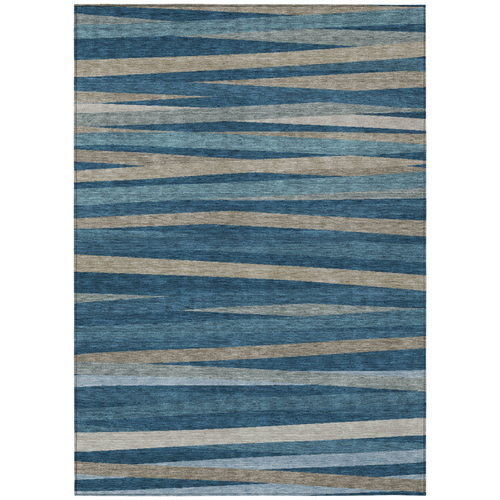9' X 12' Denim Blue And Gray Striped Washable Indoor Outdoor Area Rug