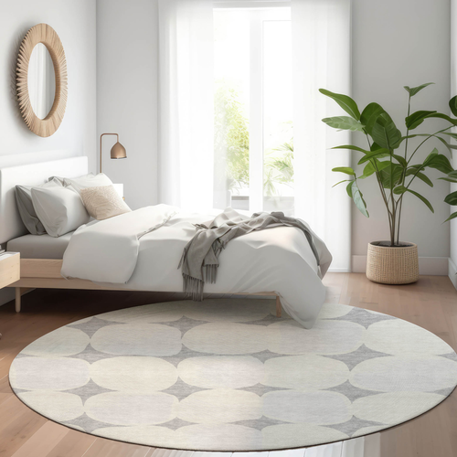 8' Gray And Beige Round Abstract Washable Indoor Outdoor Area Rug