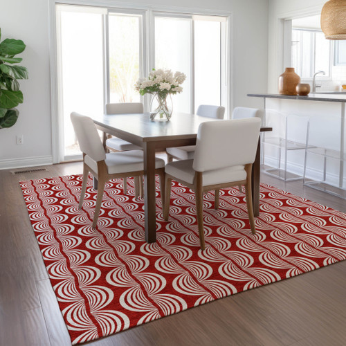 10' X 14' Red And Ivory Ogee Washable Indoor Outdoor Area Rug