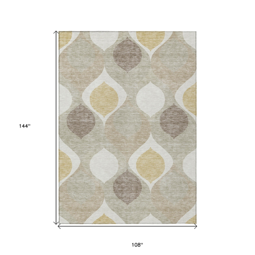 9' X 12' Beige Taupe And Ivory Ogee Washable Indoor Outdoor Area Rug