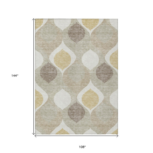 9' X 12' Beige Taupe And Ivory Ogee Washable Indoor Outdoor Area Rug