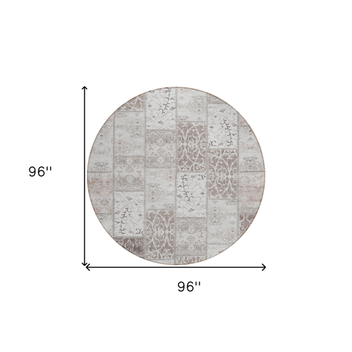 8' Round Taupe and Ivory Round Patchwork Washable Non Skid Indoor Outdoor Area Rug