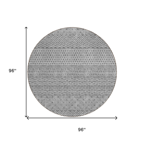 8' Gray And Silver Round Chevron Washable Indoor Outdoor Area Rug