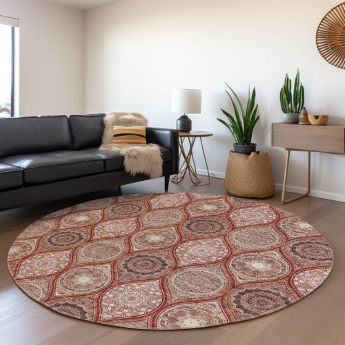 8' Orange Beige And Gray Round Floral Medallion Washable Indoor Outdoor Area Rug