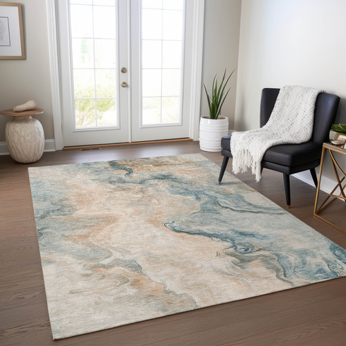 9' X 12' Teal Blue Coral And Ivory Abstract Washable Indoor Outdoor Area Rug