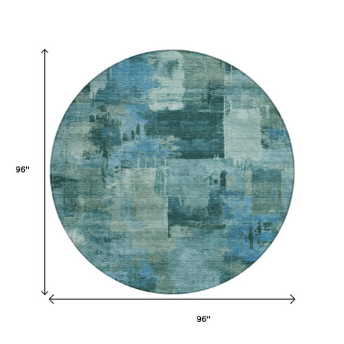 8' Teal Blue And Pale Aqua Round Abstract Washable Indoor Outdoor Area Rug - Teal Blue, Pale Aqua