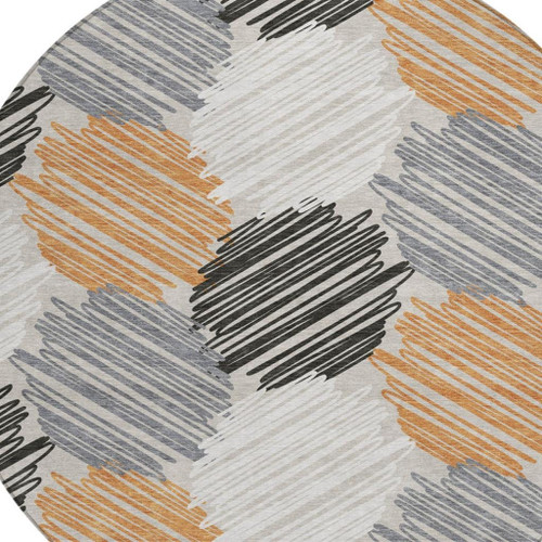 8' Copper Ivory And Gray Round Geometric Washable Indoor Outdoor Area Rug