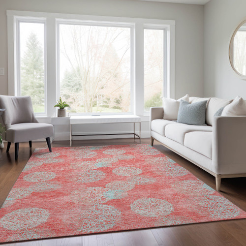 8' X 10' Salmon Ivory And Sky Blue Polka Dot Washable Indoor Outdoor Area Rug