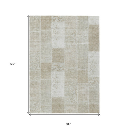 8' X 10' Taupe Beige And Tan Patchwork Washable Indoor Outdoor Area Rug
