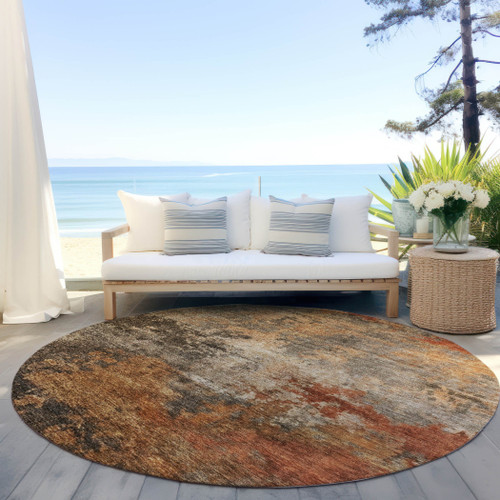 8' Khaki Brown And Copper Round Abstract Washable Indoor Outdoor Area Rug