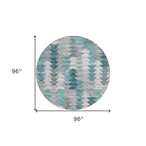 8' Dark Blue Aqua And Gray Round Geometric Washable Indoor Outdoor Area Rug