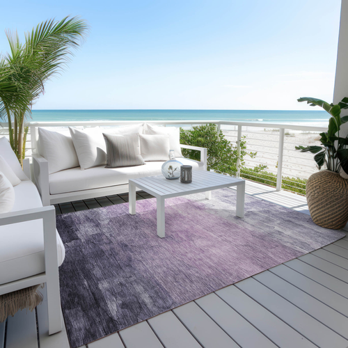 9' X 12' Lavender And Lilac Striped Washable Indoor Outdoor Area Rug