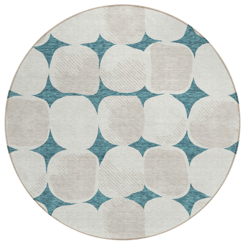 8' Teal Blue Beige And Ivory Round Abstract Washable Indoor Outdoor Area Rug