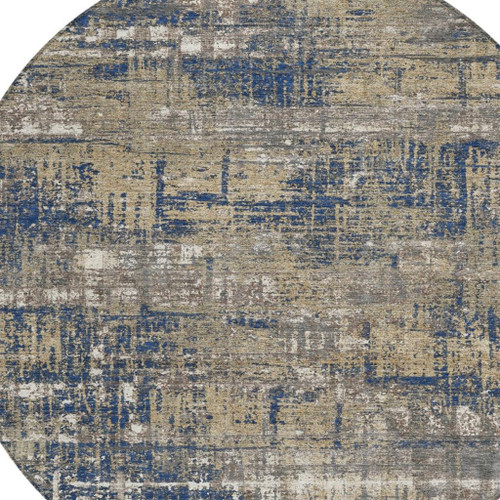 8' Navy Blue And Beige Round Geometric Washable Indoor Outdoor Area Rug - Navy Blue, Beige