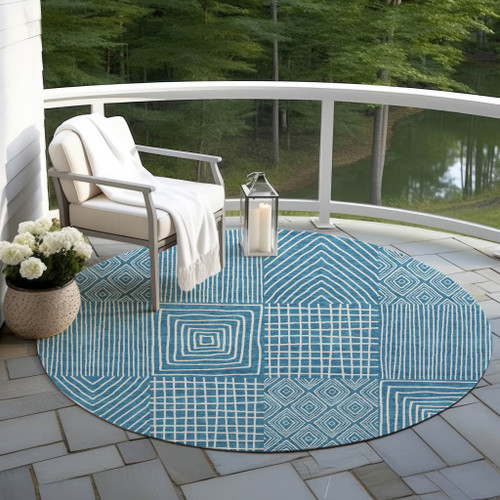 8' Teal Blue And Ivory Round Geometric Washable Indoor Outdoor Area Rug Transitional Style - Teal Blue, Ivory Color