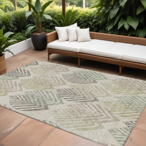 9' X 12' Beige Taupe And Artichoke Green Floral Washable Indoor Outdoor Area Rug