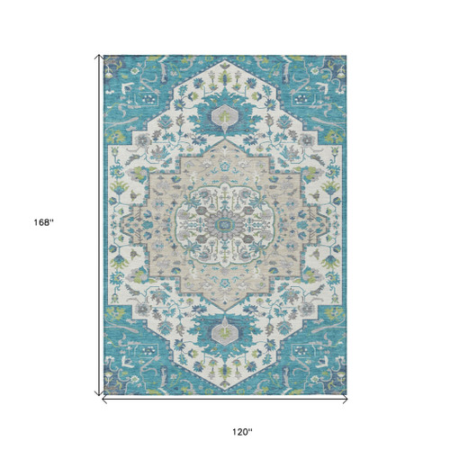 10' X 14' Teal Blue Green And Ivory Oriental Washable Indoor Outdoor Area Rug